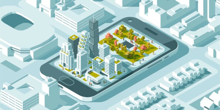 Illustration: Stadtviertel wächst aus dem Bildschirm eines Smartphones empor